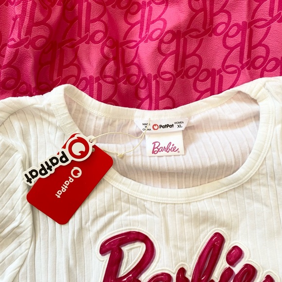 Barbie White Top Pink skirt Barbie Logo Print Women Dress Size L - Picture 4 of 4